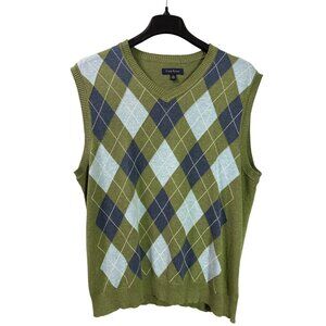 Club Room Mens Argyle Sweater Vest Green Blue White Cotton Size L